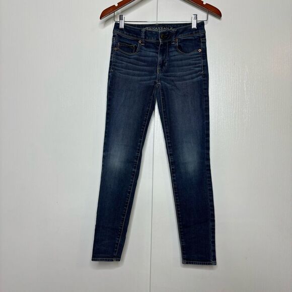 2 for 25 American Eagle Outfitters Mid Rise Super Skinny Jeans 0 Short Blue - Picture 1 of 7
